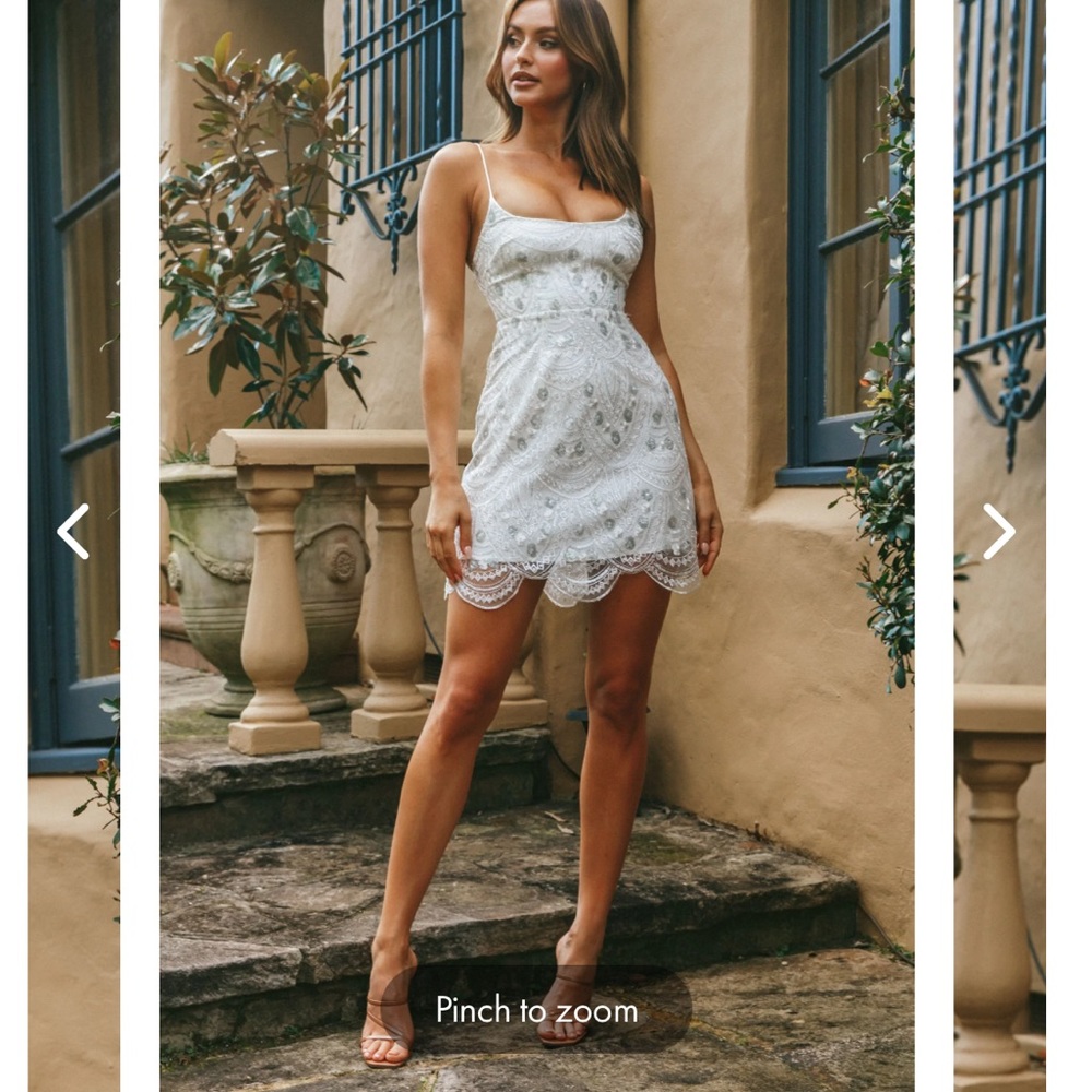 ROME CALLING SEQUIN AND EMBROIDERY SCALLOPED HEM DRESS WHITE